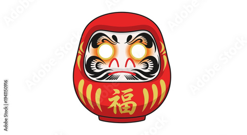 Japanese Daruma Doll with Fierce Expression and Golden "Fuku" Symbol