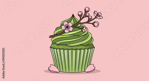 Green Matcha Cupcake with Cherry Blossoms on Pink Background