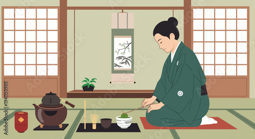Japanese Tea Ceremony: Woman in Kimono Preparing Matcha Green Tea in Traditional Room
