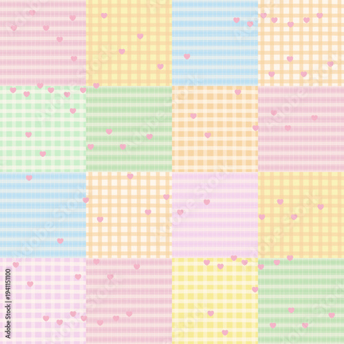Various pastel background colours with heart and checked pattern for wallpaper, backdrop, ad template, poster, postcard, sticky note, plaid fabric print, textile, garment, clothes, Valentine's Day