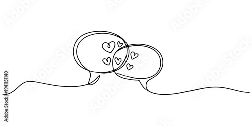Single continuous line drawing two stacked callouts, one of which has a heart symbol. Expression of feeling. Praise, Two speech bubbles with hearts, symbolizing loving dialogue, romantic communication