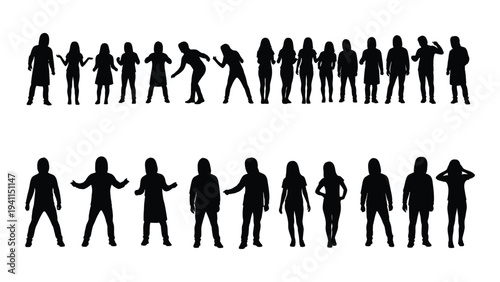 A group of people in various poses and actions