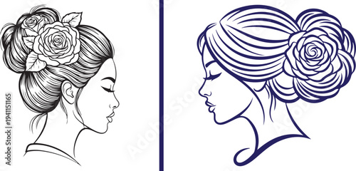 Elegant vector profiles of a woman with rose-accented hairstyles. Features a detailed black line art version and a sophisticated navy blue minimalist outline. Perfect for beauty and spa branding.
