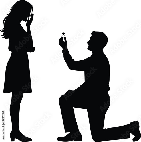 Silhouette of a man kneeling and proposing with a ring to a surprised woman on a clean white background, marriage proposal