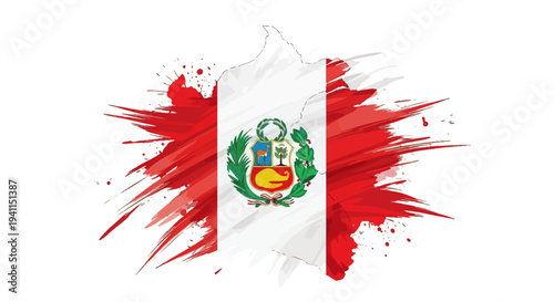 Peruvian National Flag with Coat of Arms.
