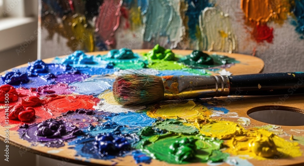 Obraz premium Artist wooden palette with colorful oil paints and paintbrush