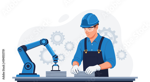 Professional Worker with Robotic Arm in Factory Setting, Vector Illustration for Industrial Automation