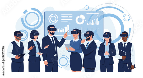 Business team collaborating using virtual reality headsets in a modern office with futuristic data displays, vector illustration