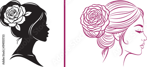 Elegant vector duo featuring a bold black silhouette and a detailed magenta line-art profile of a woman with a large rose-styled hair bun. Sophisticated design for beauty and hair salon branding.