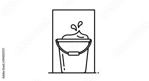 Crisp line art vector illustrating a utility bucket overflowing with foam and dynamic water splashes