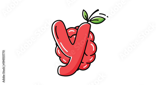 Charming red letter Y with fresh green leaves and berry texture creating a playful fruity alphabet