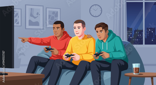 Satisfied Young Men Enjoying Video Games, Colorful Vector Illustration of Friends Playing Together on Sofa