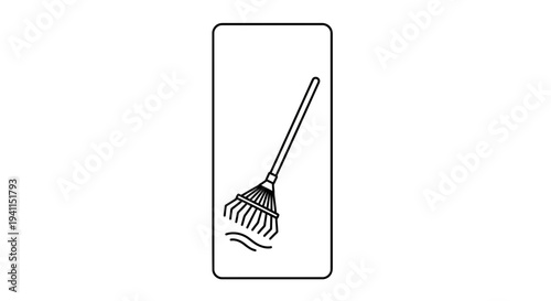 Simple black outline illustration of a garden rake sweeping debris, ideal for cleaning and