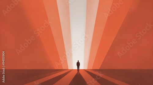 Path to Enlightenment: A lone figure stands poised at the cusp of a radiant light, symbolizing a journey toward knowledge, revelation, and the boundless horizons of enlightenment.