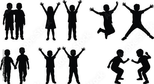 Black silhouettes of happy children playing, jumping, dancing, and holding hands in various active poses for childhood friendship and community concepts.
