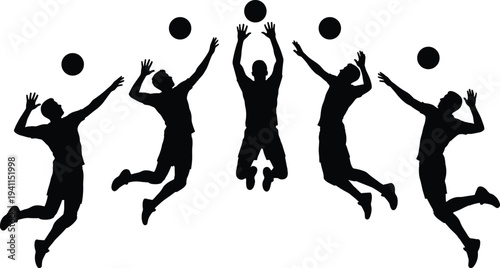 Volleyball player silhouettes, men jumping and hitting ball, sports action set, athletic team icons, beach volleyball movements, competitive match silhouettes,