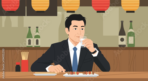 Japanese businessman enjoying sake and food at a traditional izakaya bar