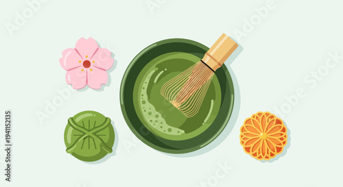 Japanese Matcha Tea Ceremony Set with Traditional Sweets and Cherry Blossom