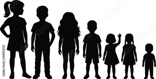Children silhouettes set, kids group standing in line, boys and girls of different ages, childhood icons, youth growth collection, nursery, family,
