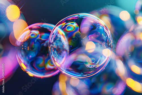 Macro iridescent glass bubbles with colorful reflections background
