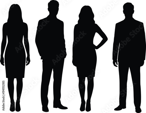 Business people silhouettes, professional man and woman standing set, corporate team collection, office worker icons, formal suit group, leadership, career,