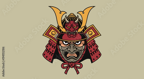 Japanese Samurai Warrior Mask with Oni Demon Helmet, Traditional Warrior Art