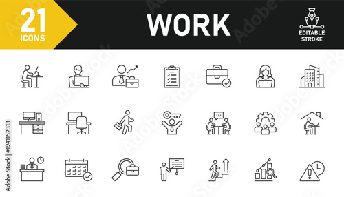Work line icon set. Set of 21 outline icons related to job, work, employment, organization, career and others. Editable stroke. Vector illustration.