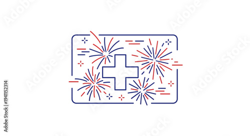 Dynamic celebration of health and nationhood with vibrant fireworks and patriotic cross symbol
