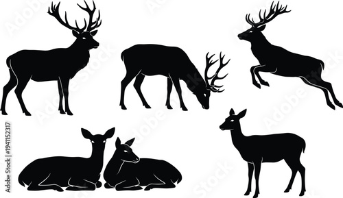 Black silhouettes of wild deer, stags with antlers, and fawns in various poses like standing, grazing, and jumping, isolated vector set.