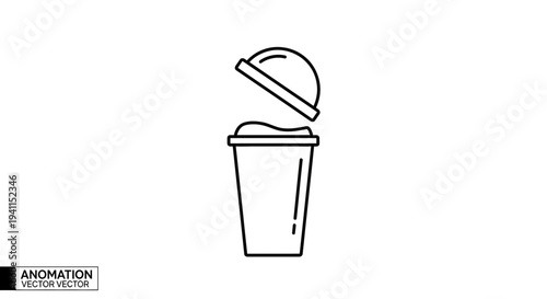 Minimalist line icon of an open trash bin with lid for waste disposal or recycling concept