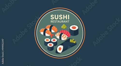 Sushi Restaurant Emblem with Assorted Sushi Rolls and Nigiri