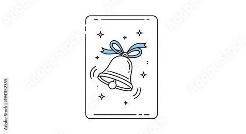 Elegant outline drawing of a melodic festive bell adorned with a charming blue bow and shimmering