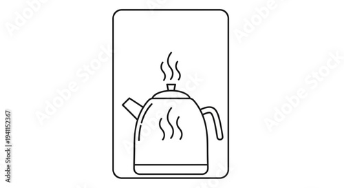 Minimalist line art illustration of a hot steaming kettle for boiling water in the kitchen