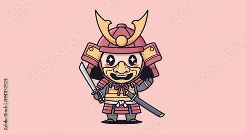 Cute Samurai Warrior Character with Katana Sword, Kawaii Style