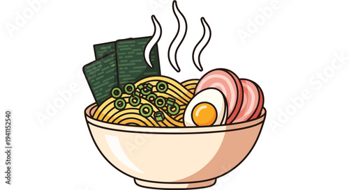 Delicious Ramen Bowl with Egg, Pork, Seaweed and Green Onions - Japanese Food Illustration