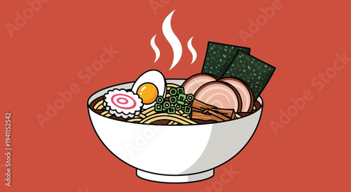 Delicious Ramen Bowl Illustration: Japanese Noodle Soup with Toppings
