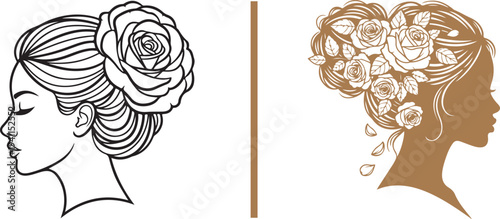 Sophisticated vector profiles of a woman with floral hair accents. Features a crisp black line art version and a tan silhouette with detailed white rose overlays. Perfect for beauty branding.