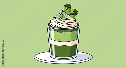 Green Matcha Dessert Parfait with Whipped Cream and Garnish