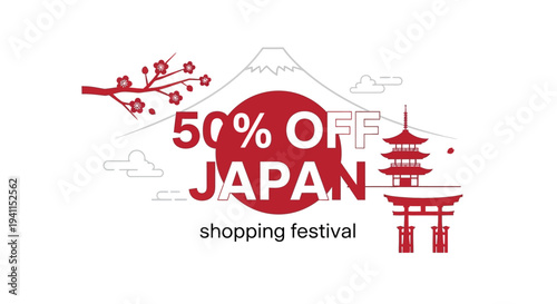 Japan Shopping Festival 50% Off Sale Banner with Mount Fuji and Cultural Icons