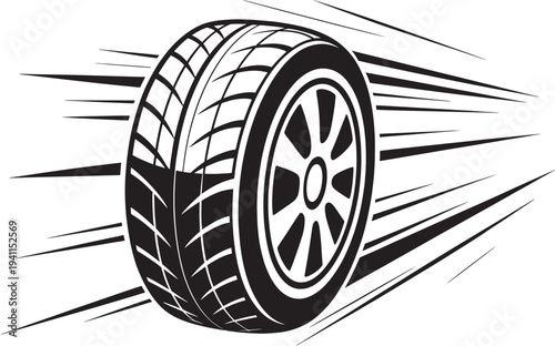 Car wheel in motion vector illustration with speed lines isolated on transparent background
