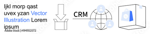 Customer management, e-commerce, business tools, data organization, global networking, logistics. CRM icon with network nodes, a package shopping bag and arrows. Customer management and e-commerce