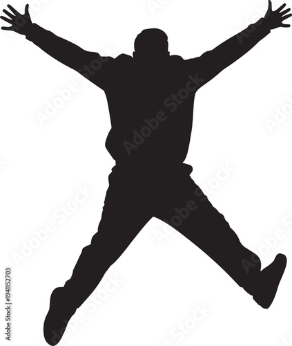 Man jumping with arms outstretched isolated on transparent background, energetic and joyful movement