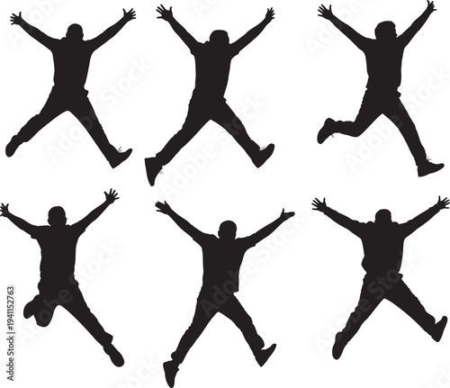Silhouette people jumping joyfully isolated on transparent background, dynamic pose, energetic movement celebration