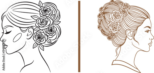 Exquisite vector line art showcasing two feminine side profiles with ornate rose hairstyles. Features clean black outlines and a warm brown detailed version. Perfect for high-end beauty branding.