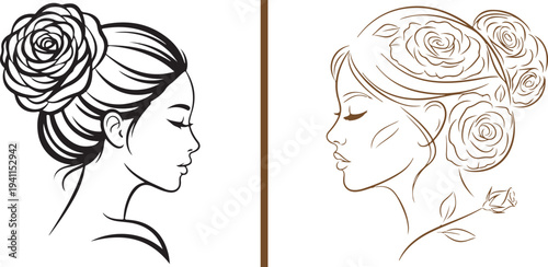 Refined vector art of a woman's profile with roses in her hair. Features a bold black ink illustration and a delicate brown line art version. Ideal for luxury beauty, spa, and bridal branding.
