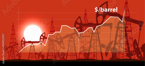 Industrial landscape of oil production with oil production chart in the background