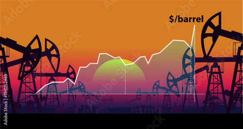 Industrial landscape of oil production with oil production chart in the background