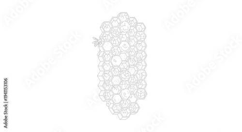 Minimalist grayscale drawing of a bee on a complex honeycomb pattern showcasing natural geometric