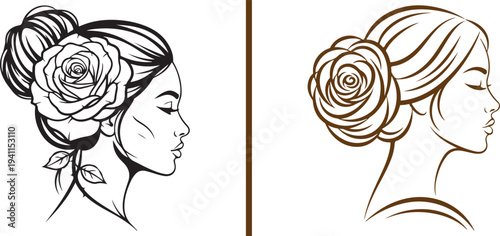 Elegant profile vector of a woman with a rose bun. Includes a detailed black ink style and a minimalist brown line art version. Sophisticated aesthetic for beauty, bridal, or spa branding.