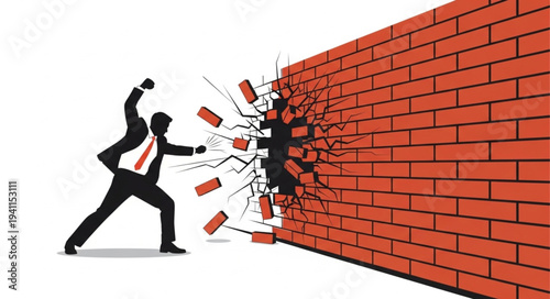 Man Breaking Through Brick Wall.